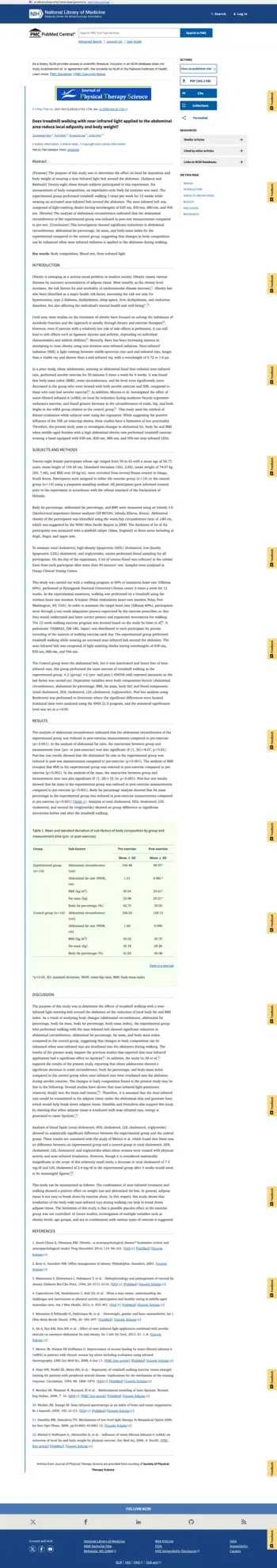 Does treadmill walking with near-infrared light applied to the abdominal area reduce local adiposity and body weight?